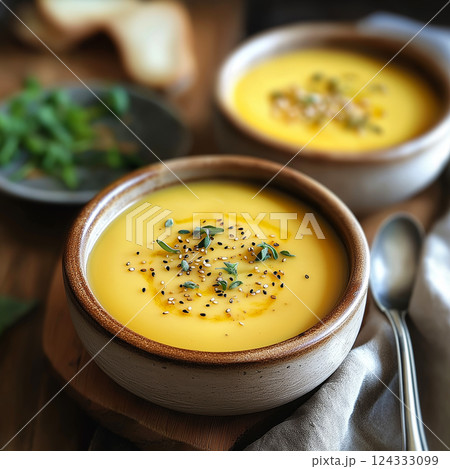 Creamy butternut squash soup garnished with honey and nigella seeds 124333099