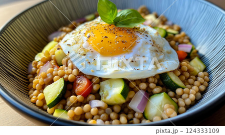 Israeli couscous with zucchini, red onion and poached egg garnished with fresh herbs and black pepper 124333109