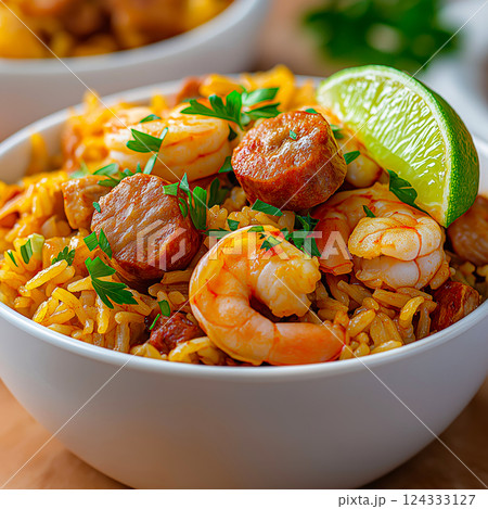 Delicious cajun jambalaya with chicken, shrimp, andouille sausage, and rice garnished with parsley and lime 124333127