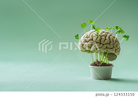 green sprouts sprouted through a human brain in a flowerpot, brain development, mental states 124333150