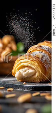 Delicious croissant with pastry cream filling being sprinkled with powdered sugar 124333174