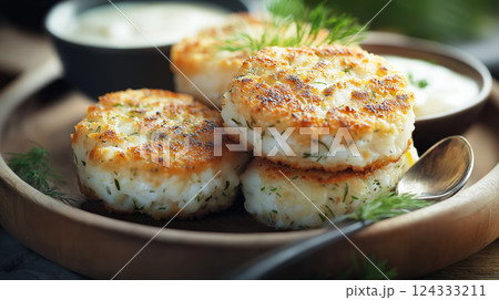 Delicious golden fish patties with dill and tartar sauce on a plate 124333211