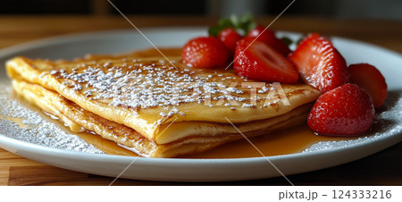 Stack of french toast crepes topped with fresh strawberries, maple syrup and powdered sugar Stack of french toast crepes topped with fresh strawberries, maple syrup and powdered sugar 124333216