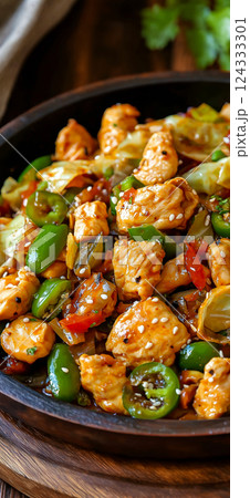 Chicken and cabbage stir fry with jalapeno peppers and sesame seeds Chicken and cabbage stir fry with jalapeno peppers and sesame seeds 124333301