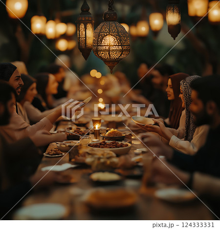 Muslim families and friends sharing iftar dinner during ramadan under ornamental lanterns 124333331