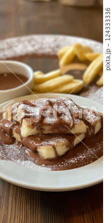 Waffles with chocolate spread and icing sugar creating delicious breakfast 124333336