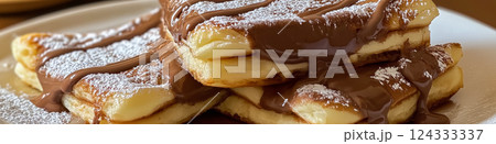 Waffles with chocolate spread and icing sugar creating delicious breakfast 124333337