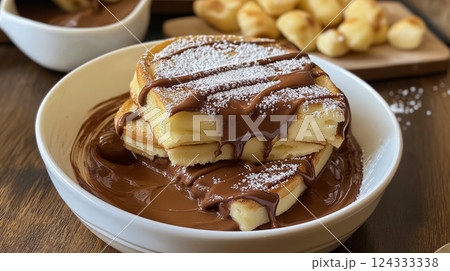 Waffles with chocolate spread and icing sugar creating delicious breakfast Waffles with chocolate spread and icing sugar creating delicious breakfast 124333338