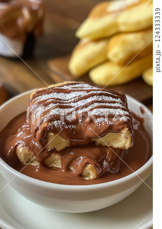 Waffles with chocolate spread and icing sugar creating delicious breakfast 124333339
