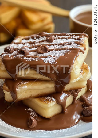 Waffles with chocolate spread and icing sugar creating delicious breakfast 124333341