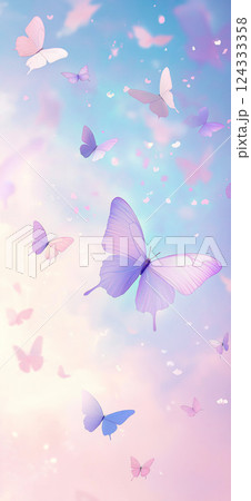 Colorful butterflies flying in a pastel sky background 124333358