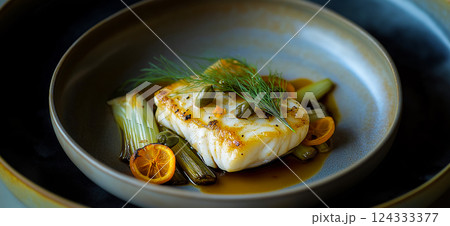 Roasted monkfish with caramelized orange zest, capers and fennel on a plate 124333377