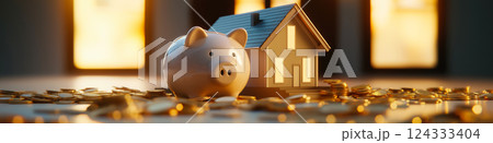 Golden piggy bank and miniature house resting on pile of coins symbolizing savings for homeownership Golden piggy bank and miniature house resting on pile of coins symbolizing savings for homeownership 124333404