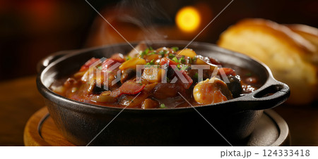 Steaming coq au vin served in cast iron pot with bread on side Steaming coq au vin served in cast iron pot with bread on side 124333418
