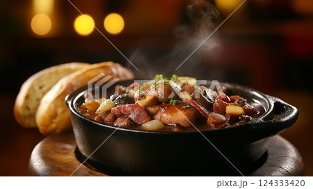 Steaming coq au vin served in cast iron pot with bread on side 124333420