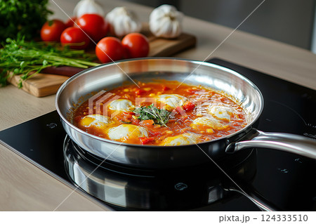 Shakshuka on a frying pan in the kitchen 124333510
