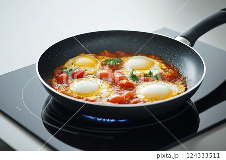 Shakshuka with tomatoes in a pan 124333511