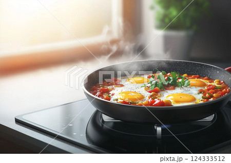 hot shakshuka with tomatoes in a frying pan on the stove against a window background 124333512