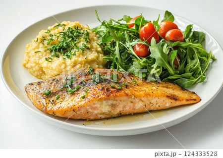 healthy plate concept, fish, porridge and salad with tomatoes healthy plate concept, fish, porridge and salad with tomatoes 124333528