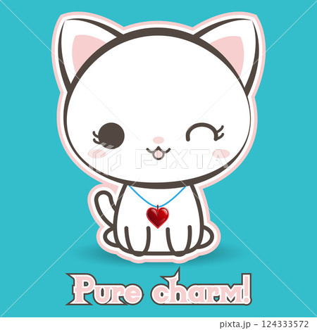 Cute white kitten with a heart pendant, sticker, text Pure charm Little kitten, pet, kitty Cute white kitten with a heart pendant, sticker, text Pure charm Little kitten, pet, kitty 124333572