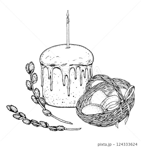 Black and white hand drawn illustration of Easter cake with candle, eggs in a wicker basket, and willow branches. Perfect for holiday cards, packaging, crafts, religious themes and spring celebrations 124333624