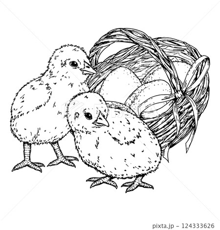 Hand drawn black and white illustration of two chicks and a basket with eggs tied with a ribbon. Suitable for Easter projects, spring greeting cards, packaging, and holiday-themed creative design 124333626