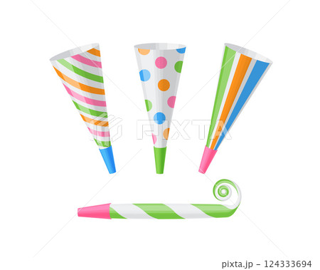 Pipe horn for parties. Colorful horns and pipes for parties. A festive accessory. Party supplies. Vector illustration 124333694