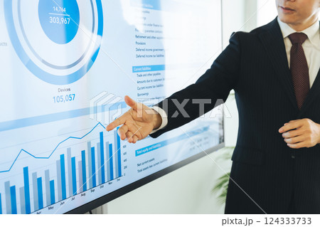 大型モニターを使ってプレゼンするミドルエイジ男性ビジネスパーソン 大型モニターを使ってプレゼンするミドルエイジ男性ビジネスパーソン 124333733