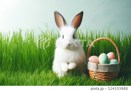 Fluffy white rabbit with basket of Easter eggs on spring meadow with green grass and flowers Fluffy white rabbit with basket of Easter eggs on spring meadow with green grass and flowers 124333988