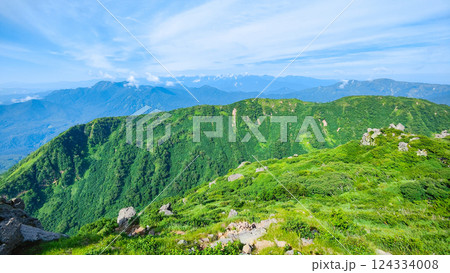 夏の火打山・妙高山登山（妙高山南峰から高妻山・北アルプス方面の眺め） 124334008
