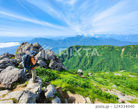 夏の火打山・妙高山登山（妙高山南峰から黒姫山・高妻山・北アルプスを望む） 124334040