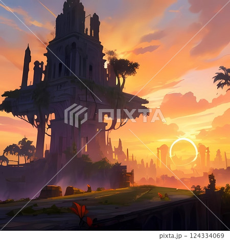 ゲーム背景　美しいオレンジのグラデーション夕焼けと古代文明風遺跡ダンジョンがある風景 124334069