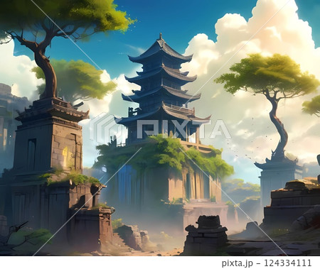 ゲーム背景 古代文明神殿遺跡がある青空風景 ゲーム背景 古代文明神殿遺跡がある青空風景 124334111