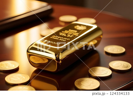 テーブルの上に置かれた金のインゴットと金貨 124334133