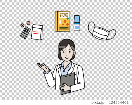 一位女醫生解釋花粉症防治措施的插圖 124334401