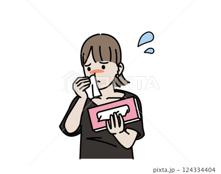 鼻水が止まらず困る若い女性のイラスト 124334404