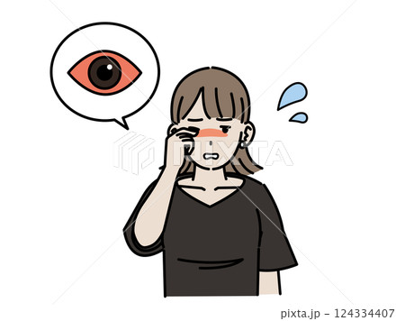 目の痒み　目が充血する若い女性のイラスト 124334407