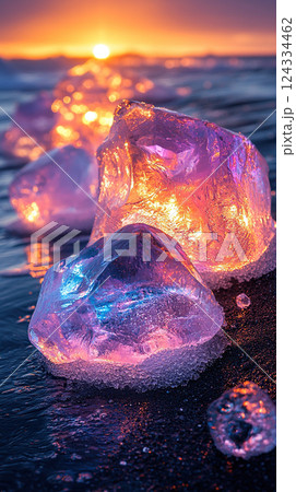 Illuminated ice chunks sparkle on a black sand beach during a captivating ocean sunrise. 124334462