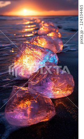 A line of vibrant ice formations shimmer on a black sand beach under a golden sunset. 124334465