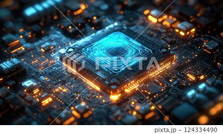 A glowing blue computer processor unit shines, revealing its intricate circuit patterns and cutting-edge technology. A glowing blue computer processor unit shines, revealing its intricate circuit patterns and cutting-edge technology. 124334490