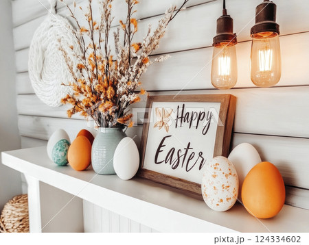 White Happy Easter sign, color Easter eggs, Spring branches in white shelf in light wooden home. White Happy Easter sign, color Easter eggs, Spring branches in white shelf in light wooden home. 124334602