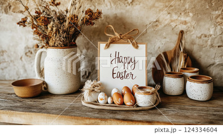 Wooden mantelshelf decorated by Happy Easter sign, Easter eggs, dry flowers, handmade dishes. Wooden mantelshelf decorated by Happy Easter sign, Easter eggs, dry flowers, handmade dishes. 124334604