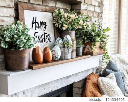 Fireplace shelf festive decoration idea Easter eggs, flowers, sign Happy Easter. Warm natural tones. 124334605