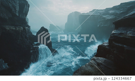 荒々しい海と岩壁の荘厳な風景 124334667