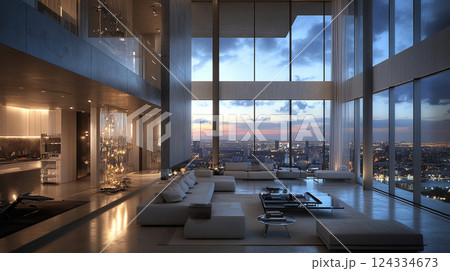 高層ビルのラグジュアリーな夜景リビングルーム 高層ビルのラグジュアリーな夜景リビングルーム 124334673