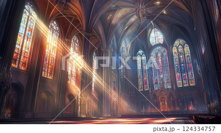 荘厳な大聖堂のステンドグラスと光が溢れる内部空間 124334757