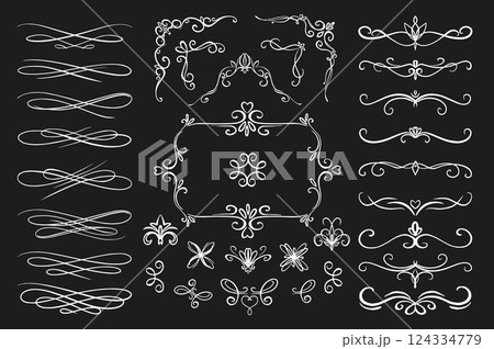 Vintage decoration frames set elements in flat graphic design. Bundle objects of decorative swirl page dividers and vignette borders with flourish ornaments in classic victorian. Vector illustration. Vintage decoration frames set elements in flat graphic design. Bundle objects of decorative swirl page dividers and vignette borders with flourish ornaments in classic victorian. Vector illustration. 124334779