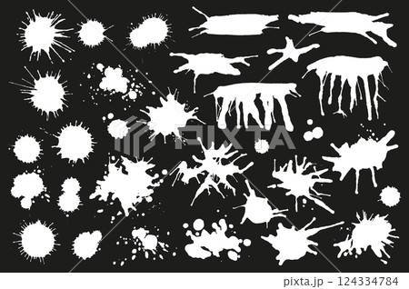 White ink drops and splashes set elements in flat graphic design. Bundle objects of grunge stains and drips, messy paintbrush blots, grainy splattered texture, dirty paint spots. Vector illustration. White ink drops and splashes set elements in flat graphic design. Bundle objects of grunge stains and drips, messy paintbrush blots, grainy splattered texture, dirty paint spots. Vector illustration. 124334784