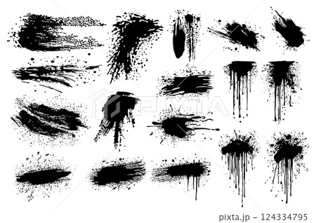 Grunge black ink splatters set elements in flat graphic design. Collection of liquid strokes and spots with messy grainy texture, flowing stains and blobs with splash drops. Vector illustration. 124334795