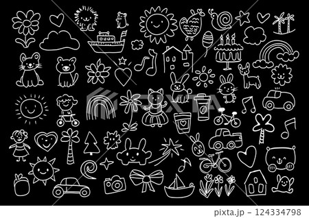 Cute hand drawn doodles mega set elements in flat graphic design. Collection objects of flowers, hearts, clouds, lion, ship, sun, snail, stars, palm, rainbow, cat, dog and other. Vector illustration. 124334798